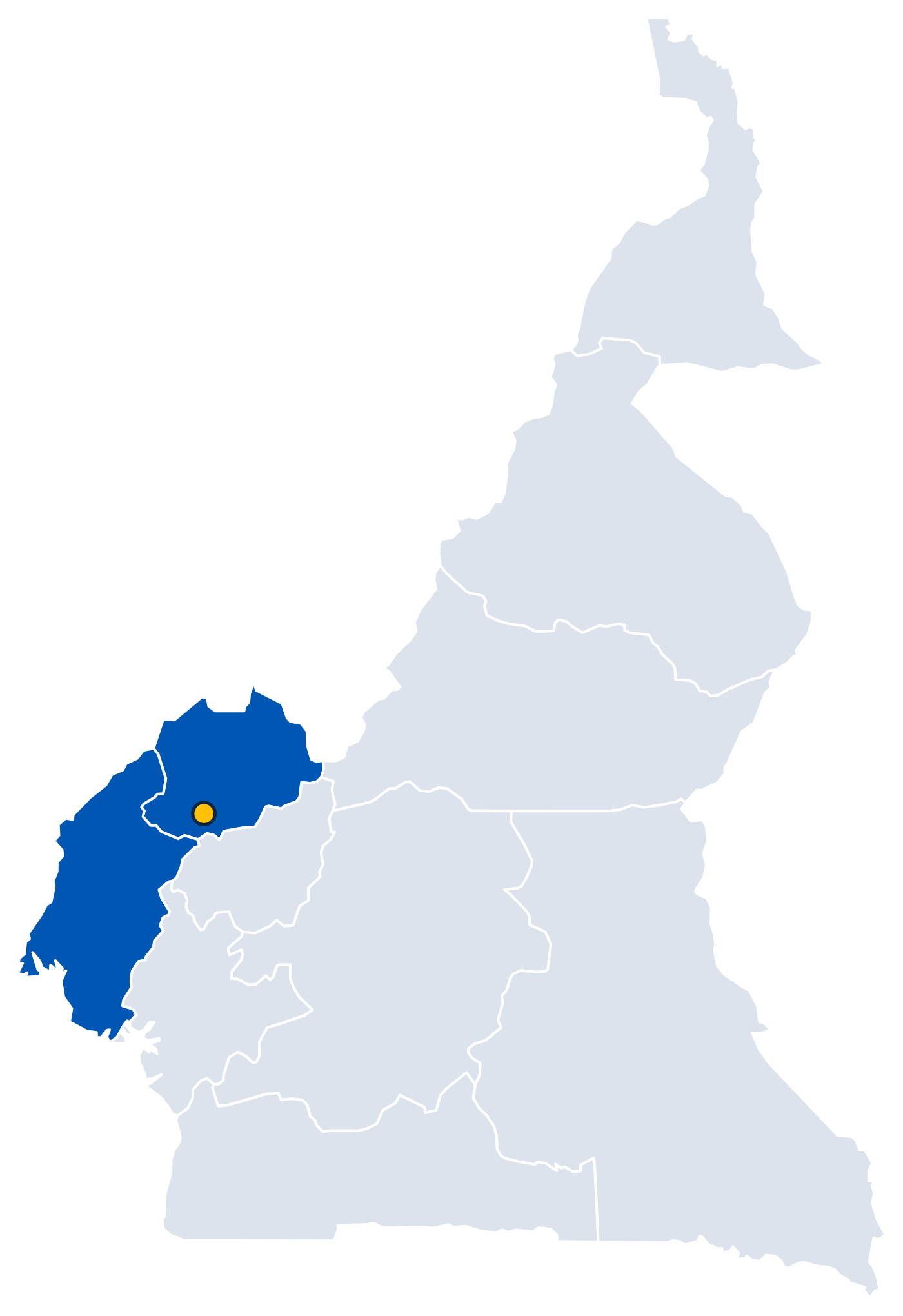 Map of Cameroon with the North-West and South-West regions highlighted in blue and Bamenda marked